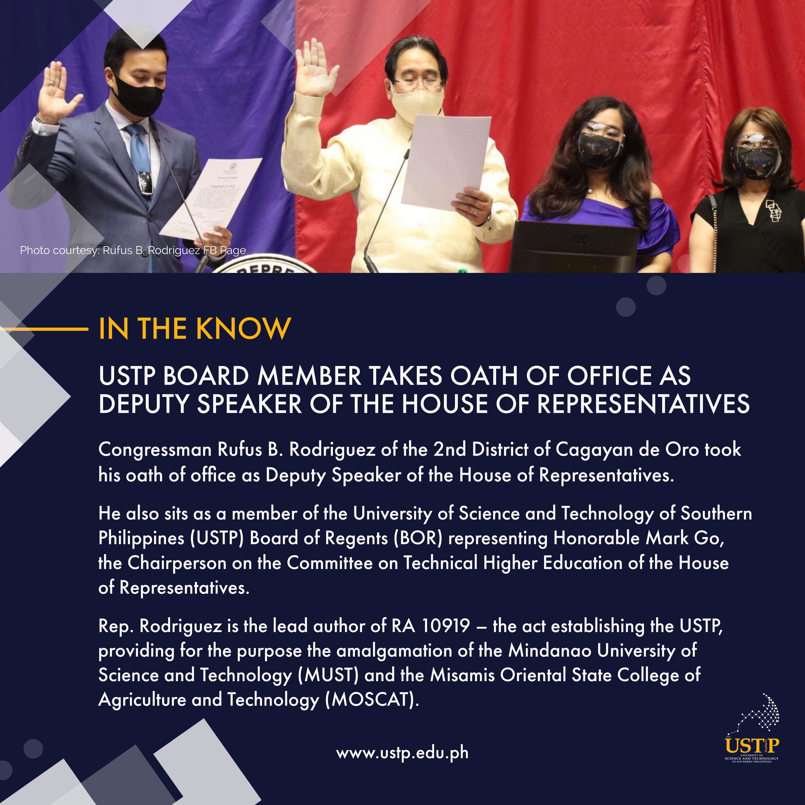USTP Board Member Takes Oath of Office as Deputy Speaker of the House