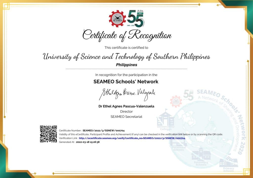 SEAMEO Certificate of Recognition