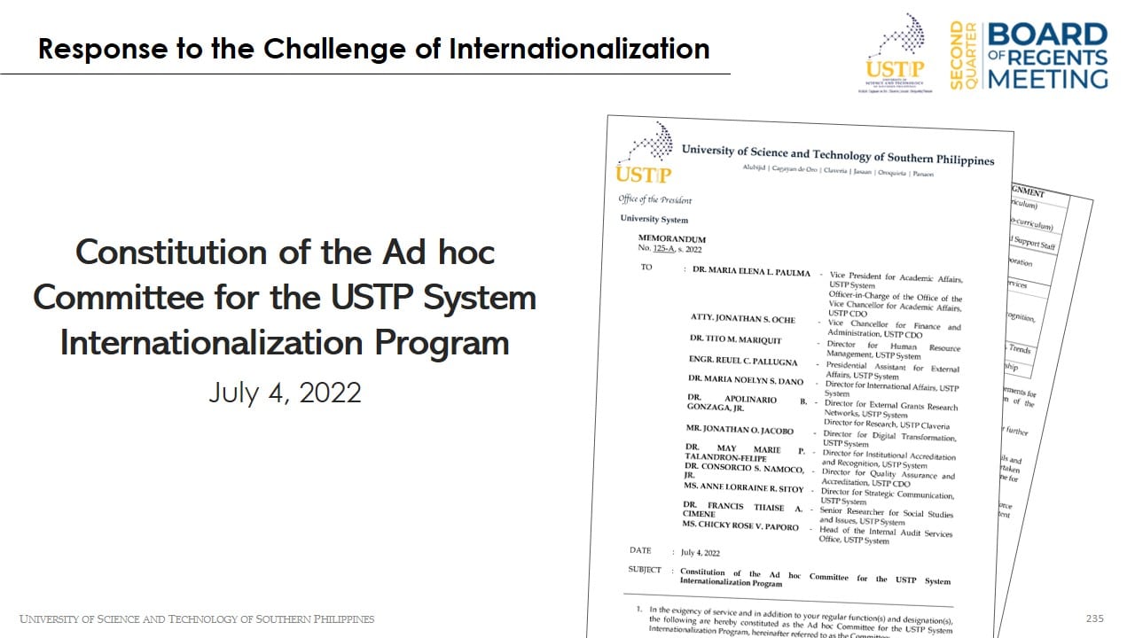 Constitution of the ad hoc Committee for the USTP System Internationalization Program
