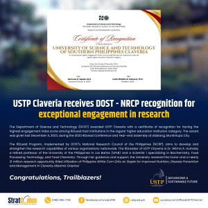 USTP Claveria receives DOST-NRCP recognition for exceptional engagement in research