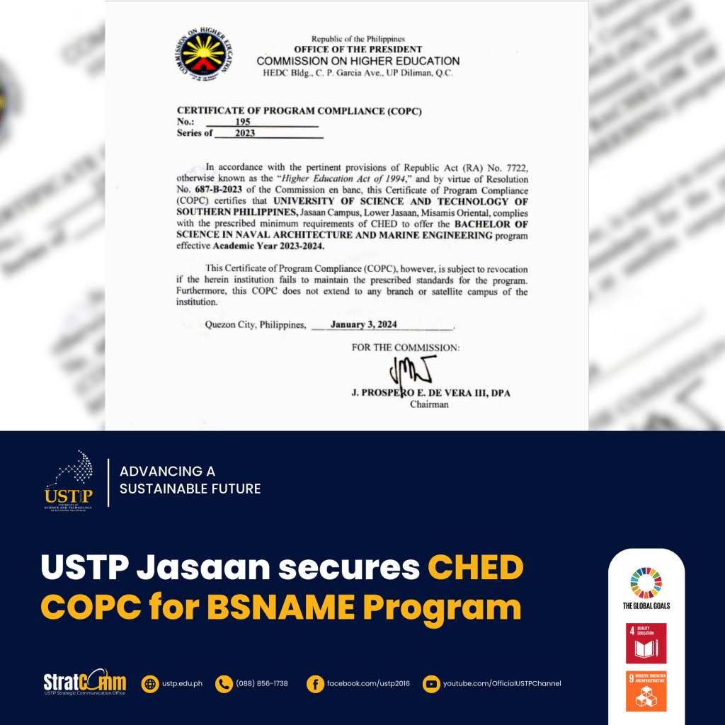 USTP Jasaan secures CHED COPC for BSNAME Program