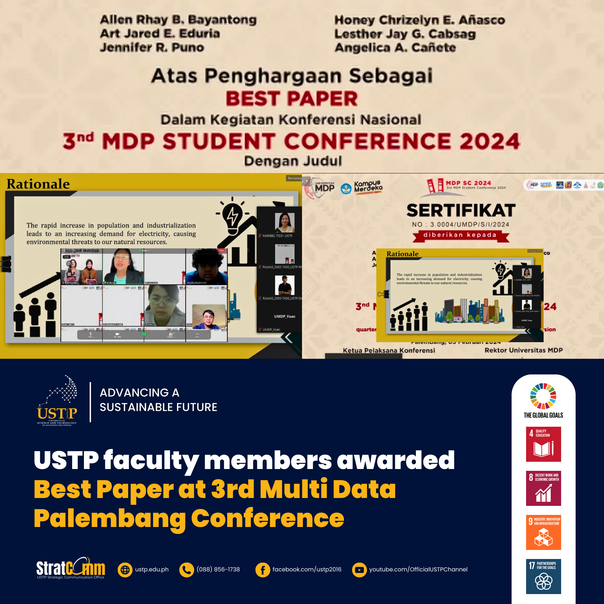 USTP faculty members awarded Best Paper at 3rd Multi Data Palembang Conference